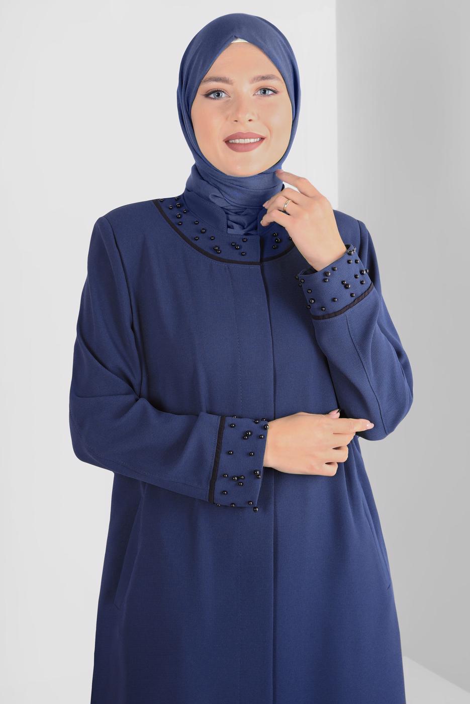 Hijab clothing NAVY BLUE ALVINA BEADED MANDARIN COLLAR TOPCOAT T 1290