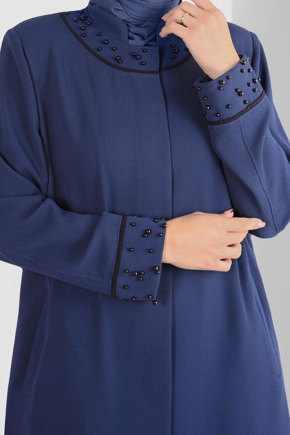 Hijab clothing NAVY BLUE ALVINA BEADED MANDARIN COLLAR TOPCOAT T 1290