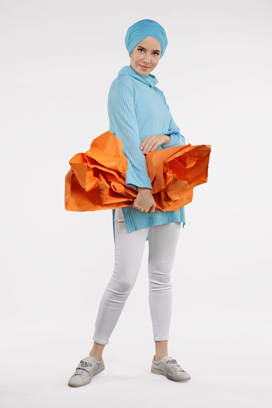 Tesettür giyim MAVİ DEGAJE YAKA TUNİK 64781