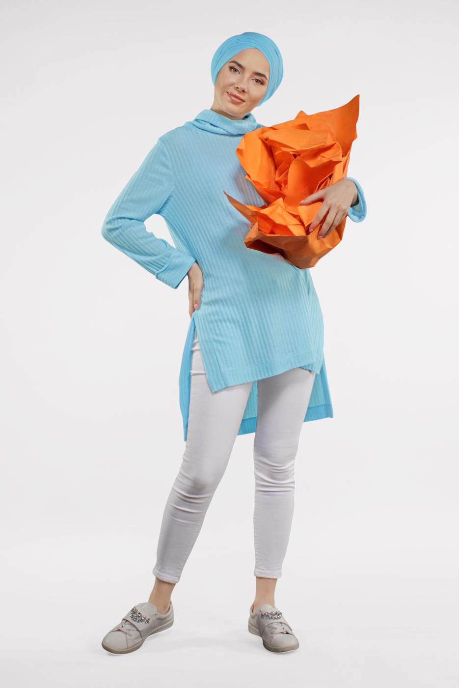 Tesettür giyim MAVİ DEGAJE YAKA TUNİK 64781