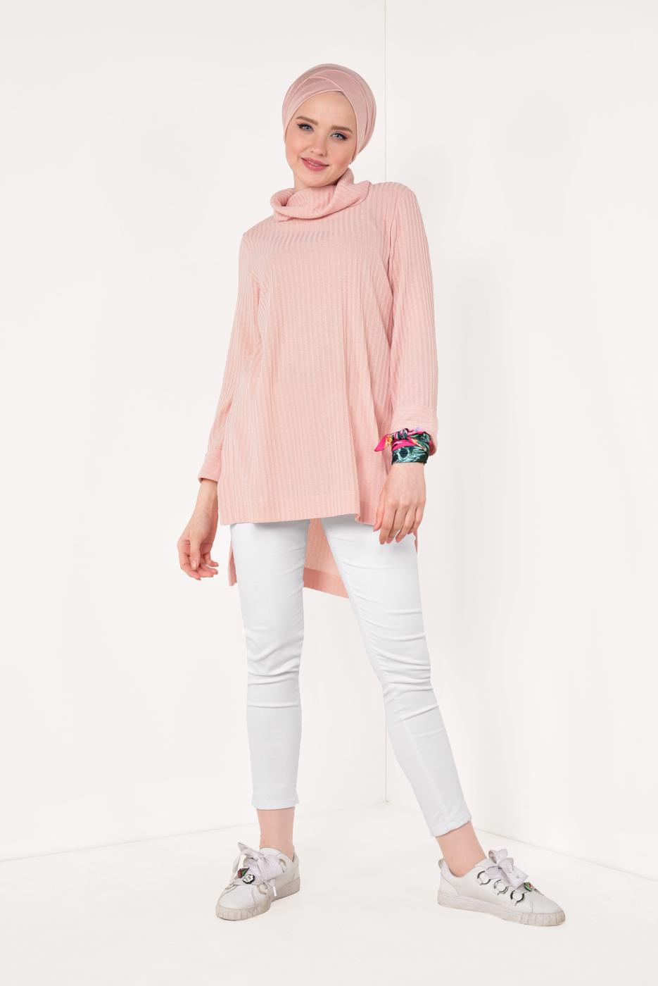 Tesettür giyim PUDRA DEGAJE YAKA TUNİK 64781
