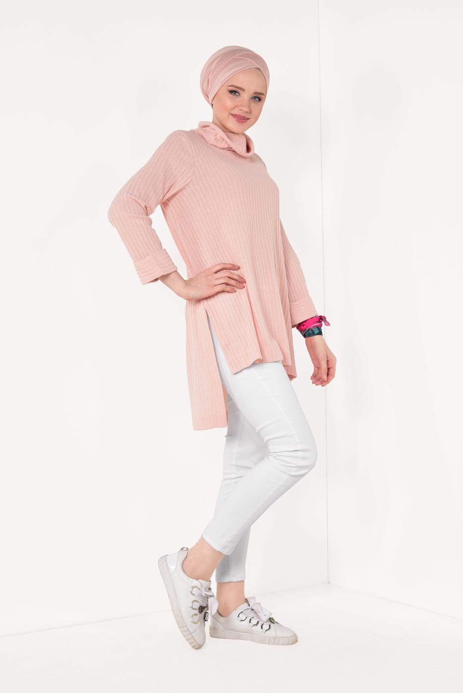Tesettür giyim PUDRA DEGAJE YAKA TUNİK 64781