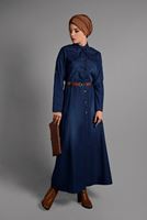 Tesettür giyim LACİVERT CEP DETAYLI KEMERLİ ELBİSE 0014 