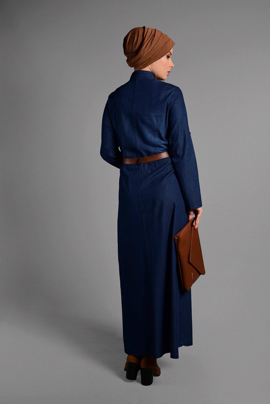 Tesettür giyim LACİVERT CEP DETAYLI KEMERLİ ELBİSE 0014 