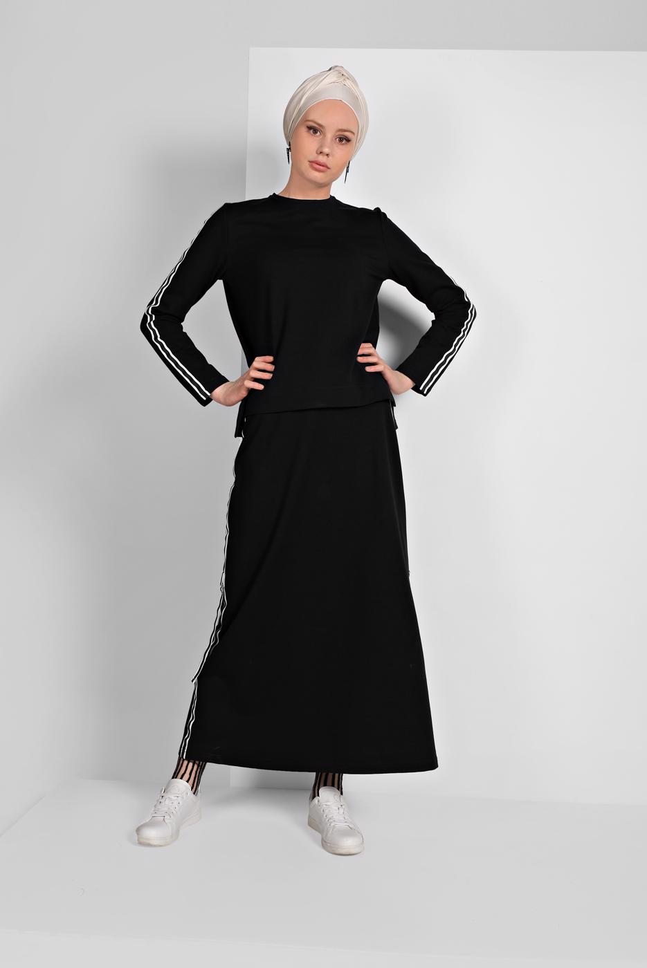 Tesettür giyim SİYAH ŞERİT DETAYLI ETEKLİ TAKIM T 94108