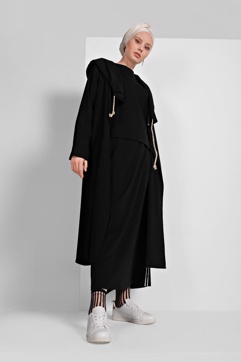 Tesettür giyim SİYAH ŞERİT DETAYLI ETEKLİ TAKIM T 94108