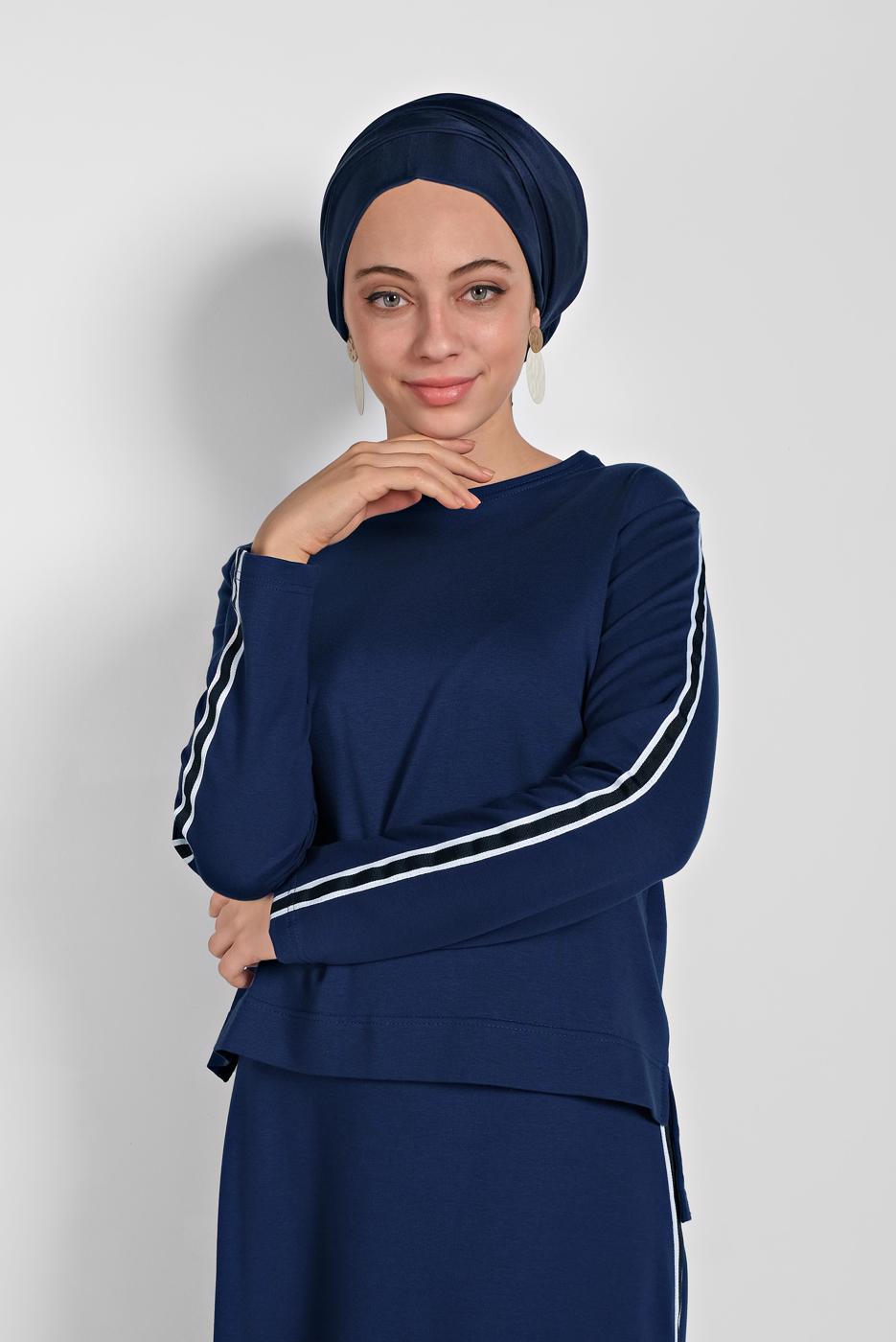 Tesettür giyim LACİVERT ŞERİT DETAYLI ETEKLİ TAKIM T 94108