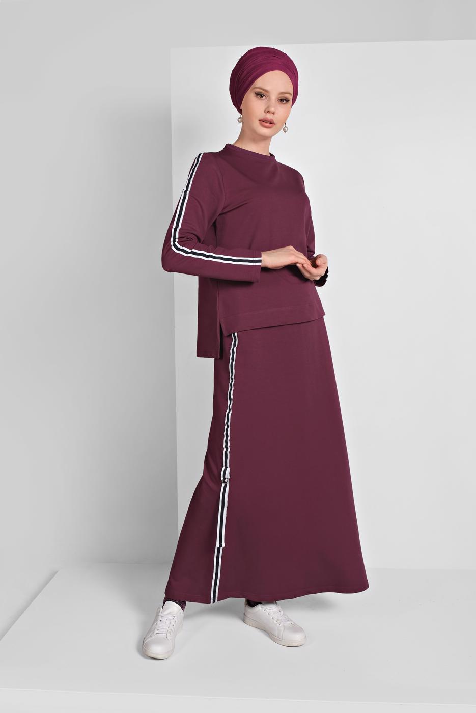 Tesettür giyim PEMBE ŞERİT DETAYLI ETEKLİ TAKIM T 94108