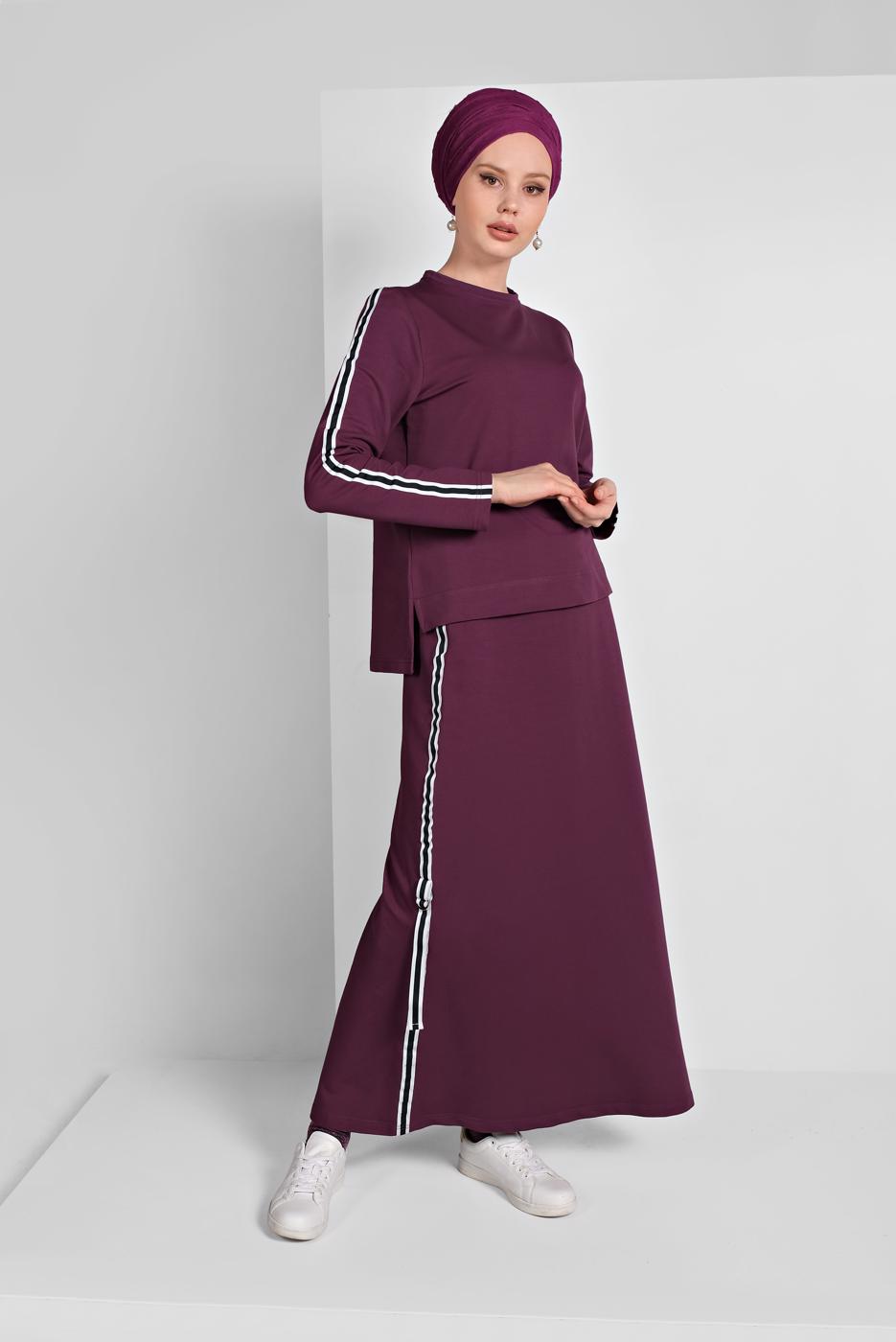 Tesettür giyim MOR ŞERİT DETAYLI ETEKLİ TAKIM T 94108