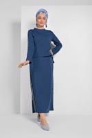 Tesettür giyim MAVİ ŞERİT DETAYLI ETEKLİ TAKIM T 94108