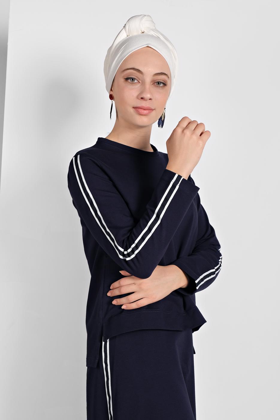 Tesettür giyim LACİVERT ŞERİT DETAYLI ETEKLİ TAKIM T 94108