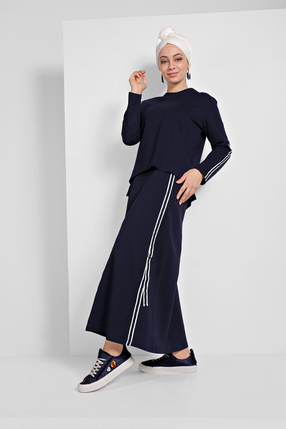Tesettür giyim LACİVERT ŞERİT DETAYLI ETEKLİ TAKIM T 94108
