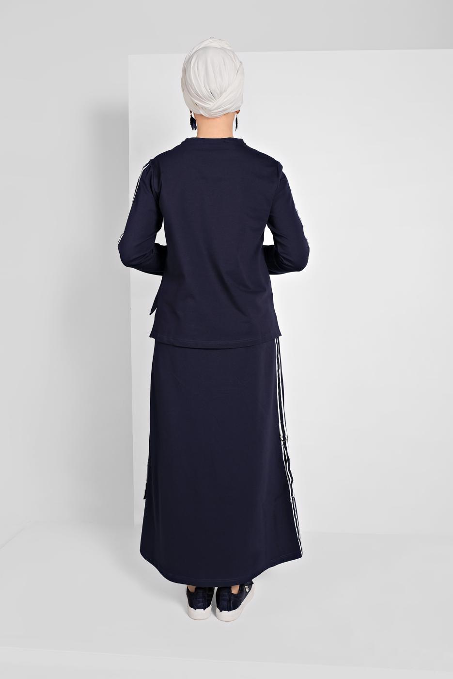 Tesettür giyim LACİVERT ŞERİT DETAYLI ETEKLİ TAKIM T 94108