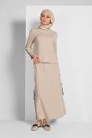 Tesettür giyim BEJ ŞERİT DETAYLI ETEKLİ TAKIM T 94108