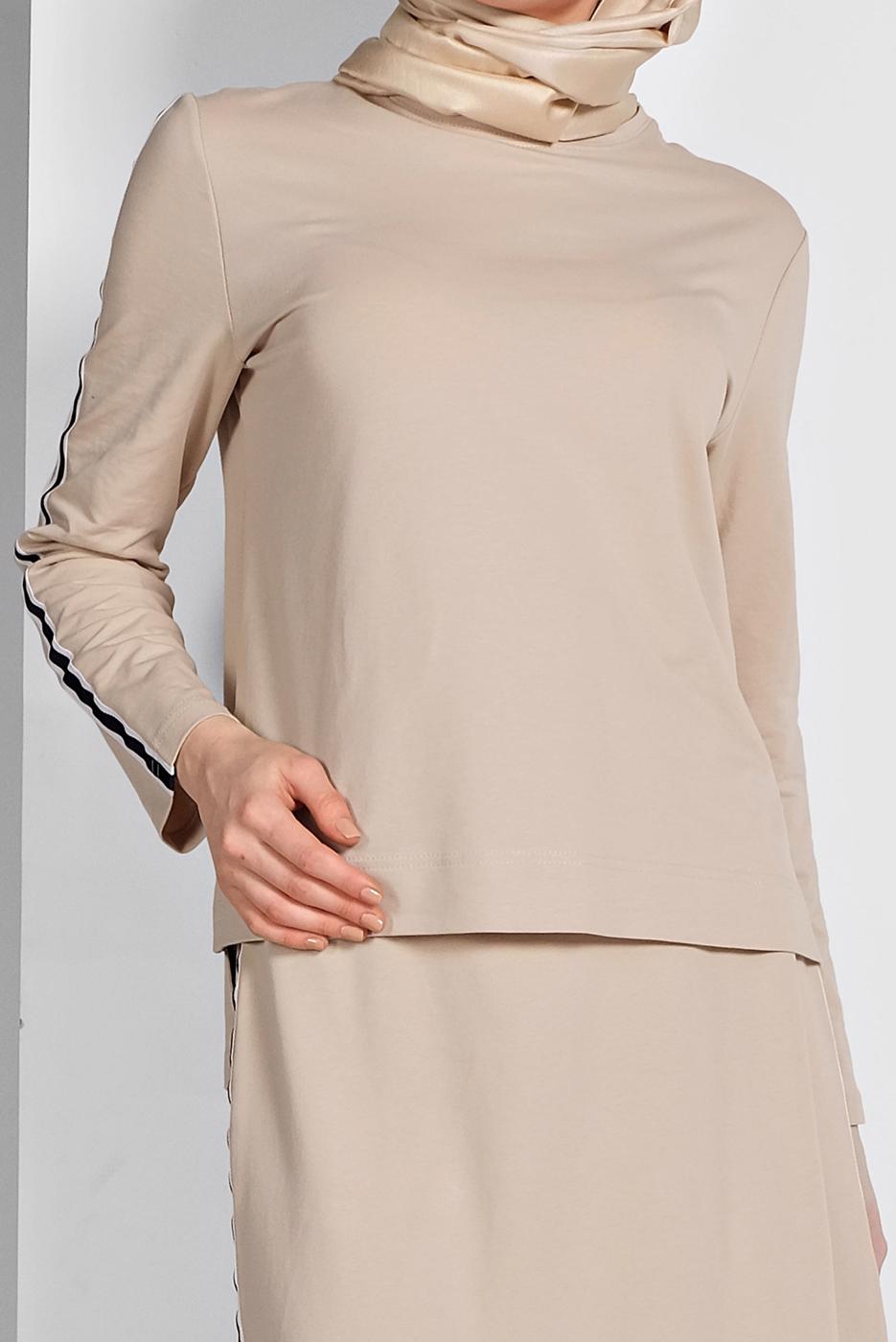 Tesettür giyim BEJ ŞERİT DETAYLI ETEKLİ TAKIM T 94108