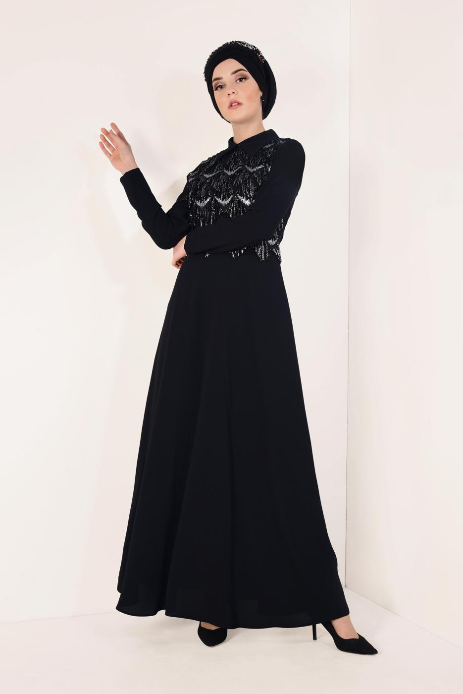 Tesettür giyim SİYAH  PÜSKÜLLÜ ABİYE ELBİSE T 02706