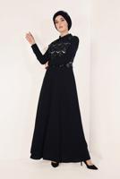 Tesettür giyim SİYAH  PÜSKÜLLÜ ABİYE ELBİSE T 02706