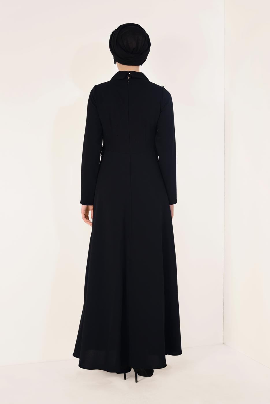 Tesettür giyim SİYAH  PÜSKÜLLÜ ABİYE ELBİSE T 02706