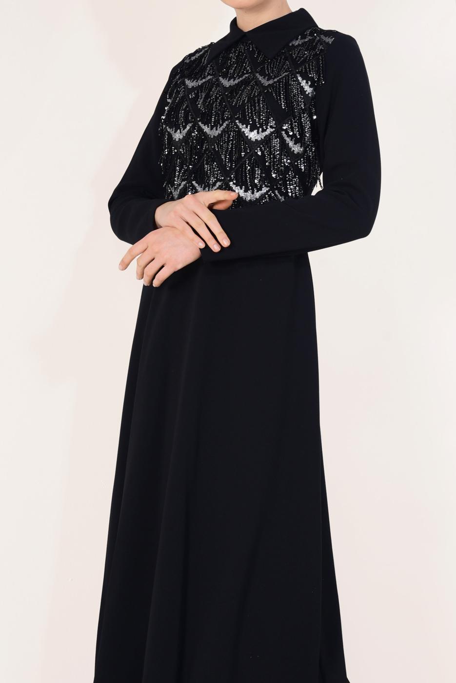 Tesettür giyim SİYAH  PÜSKÜLLÜ ABİYE ELBİSE T 02706