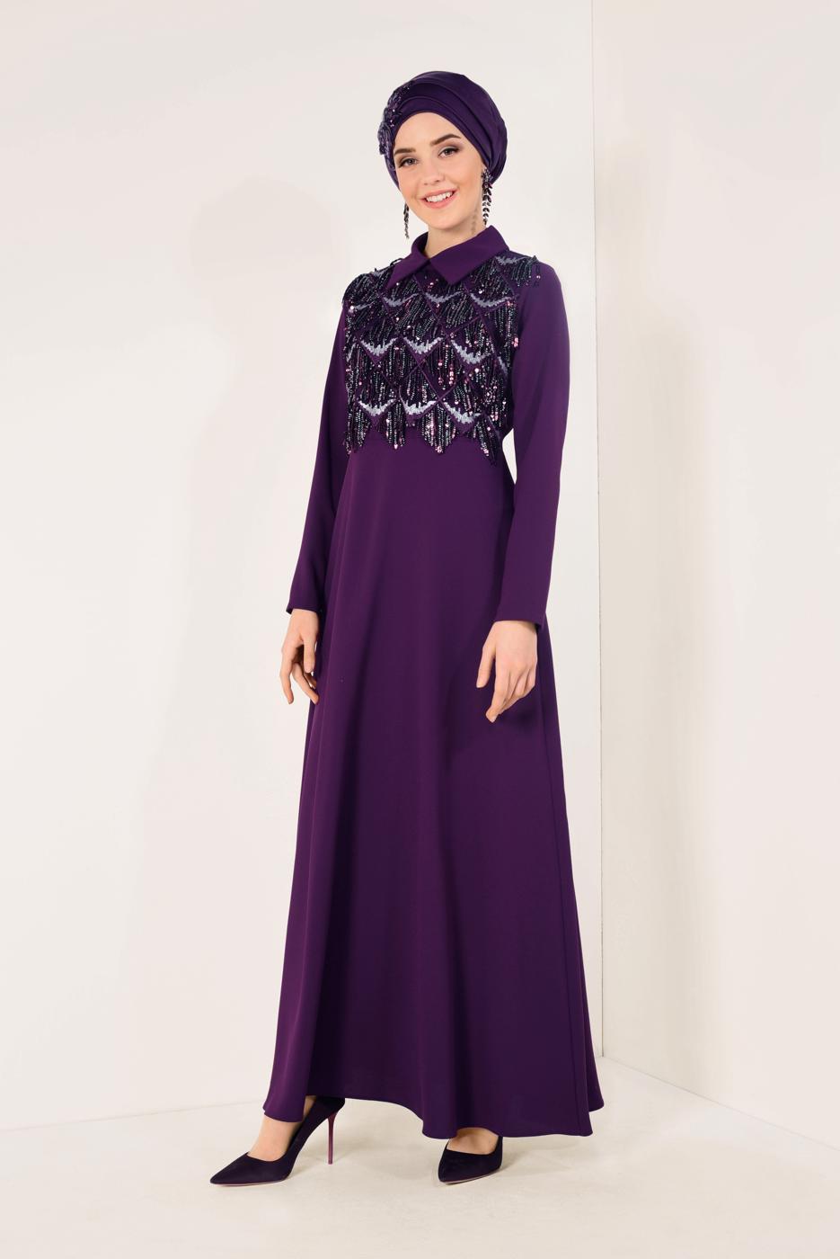 Tesettür giyim MÜRDÜM  PÜSKÜLLÜ ABİYE ELBİSE T 02706