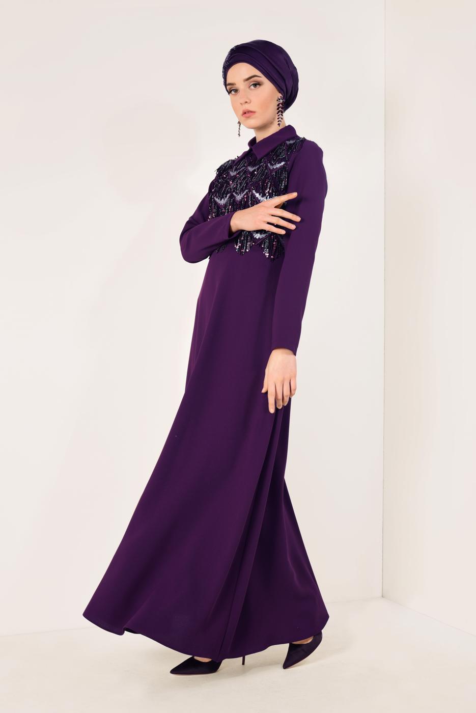 Tesettür giyim MÜRDÜM  PÜSKÜLLÜ ABİYE ELBİSE T 02706