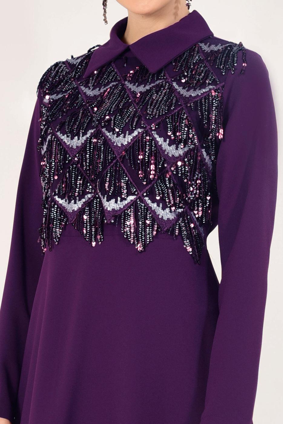 Tesettür giyim MÜRDÜM  PÜSKÜLLÜ ABİYE ELBİSE T 02706