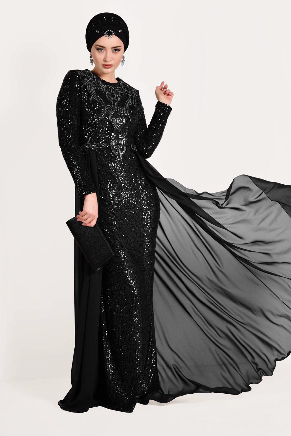 Tesettür giyim SİYAH TÜL DETAYLI SİMLİ ABİYE ELBİSE T 24725
