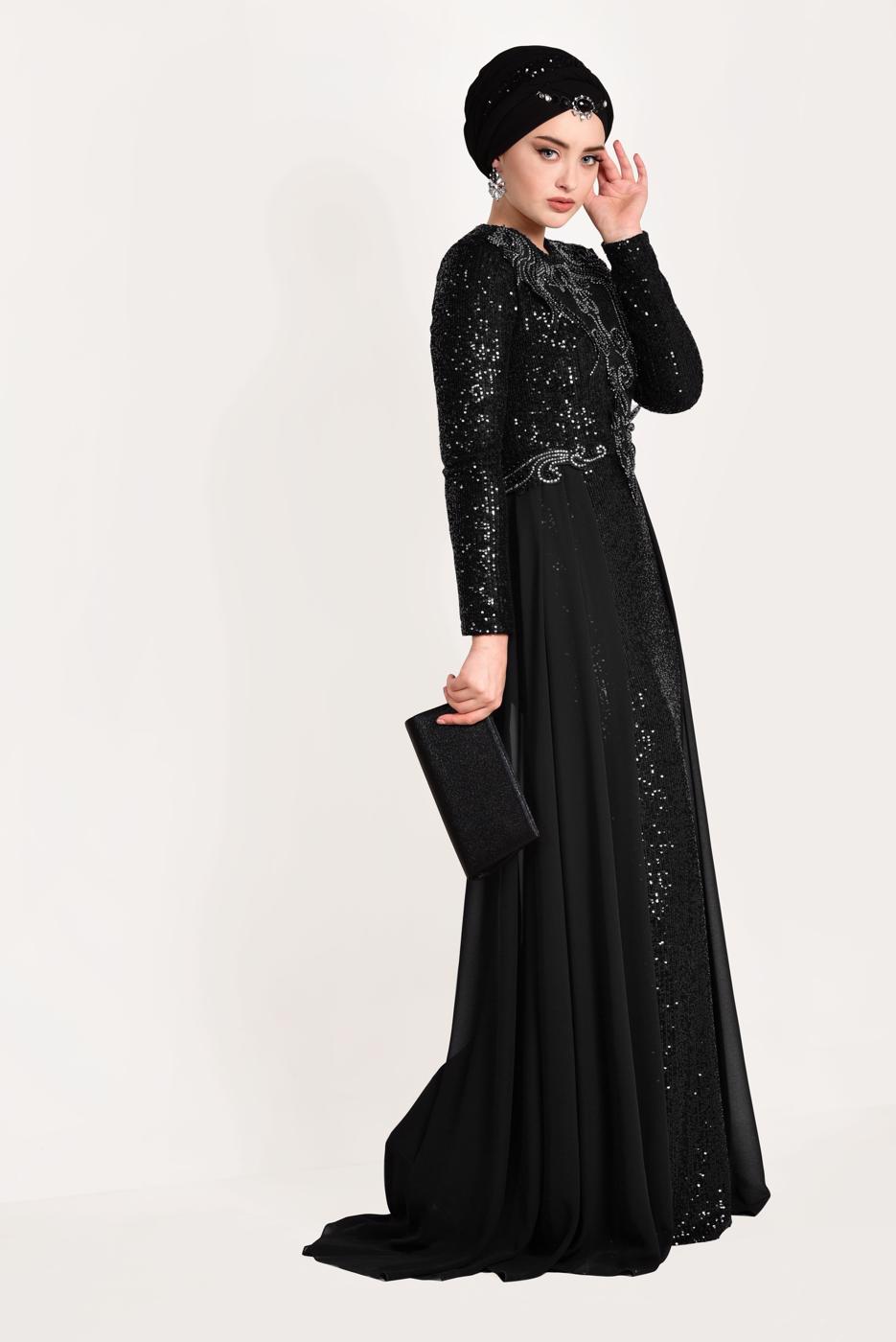 Tesettür giyim SİYAH TÜL DETAYLI SİMLİ ABİYE ELBİSE T 24725