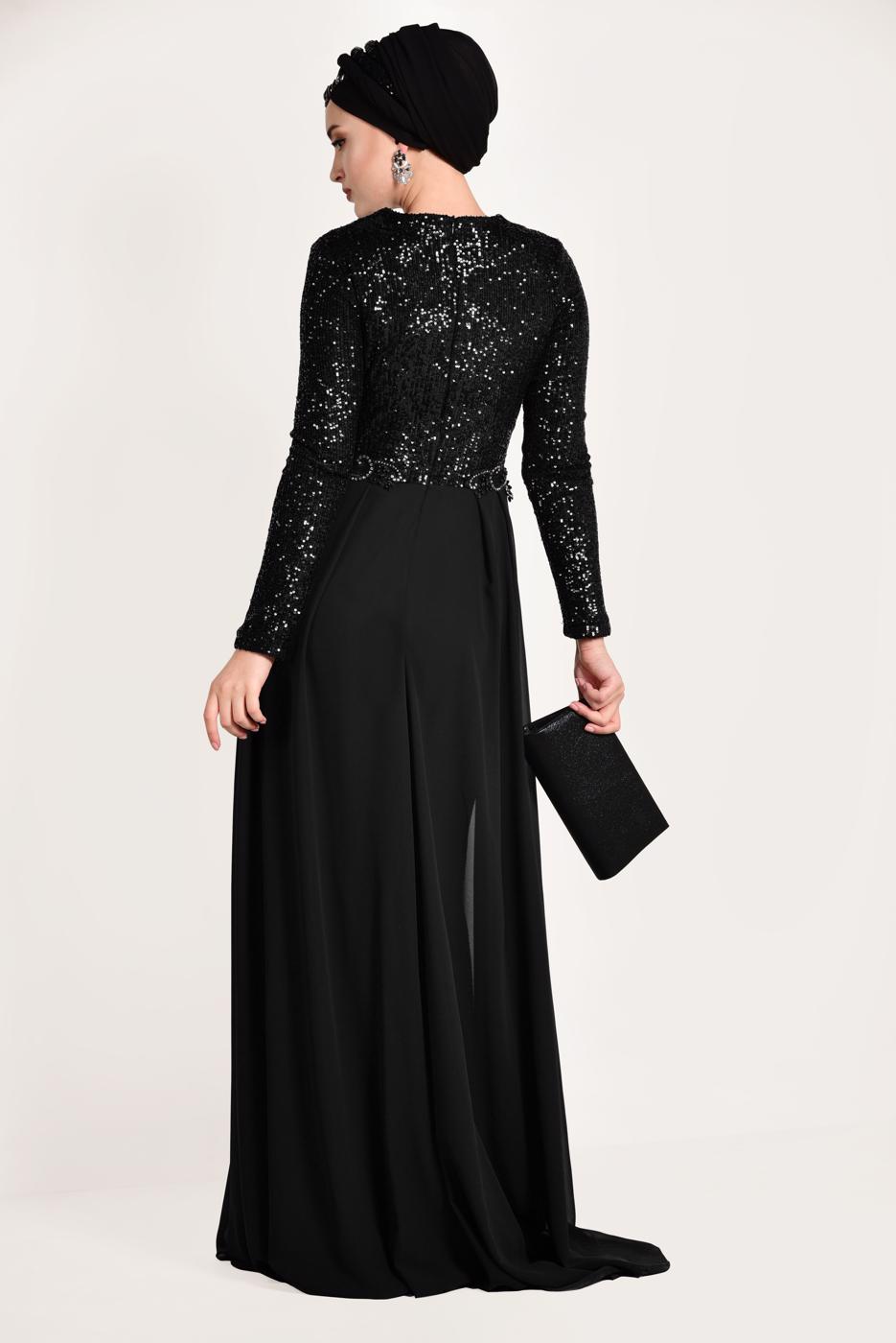 Tesettür giyim SİYAH TÜL DETAYLI SİMLİ ABİYE ELBİSE T 24725