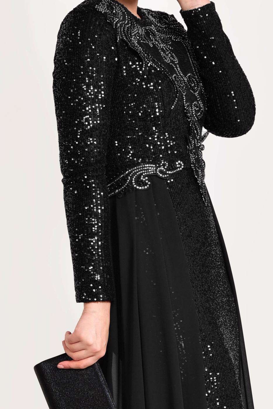 Tesettür giyim SİYAH TÜL DETAYLI SİMLİ ABİYE ELBİSE T 24725