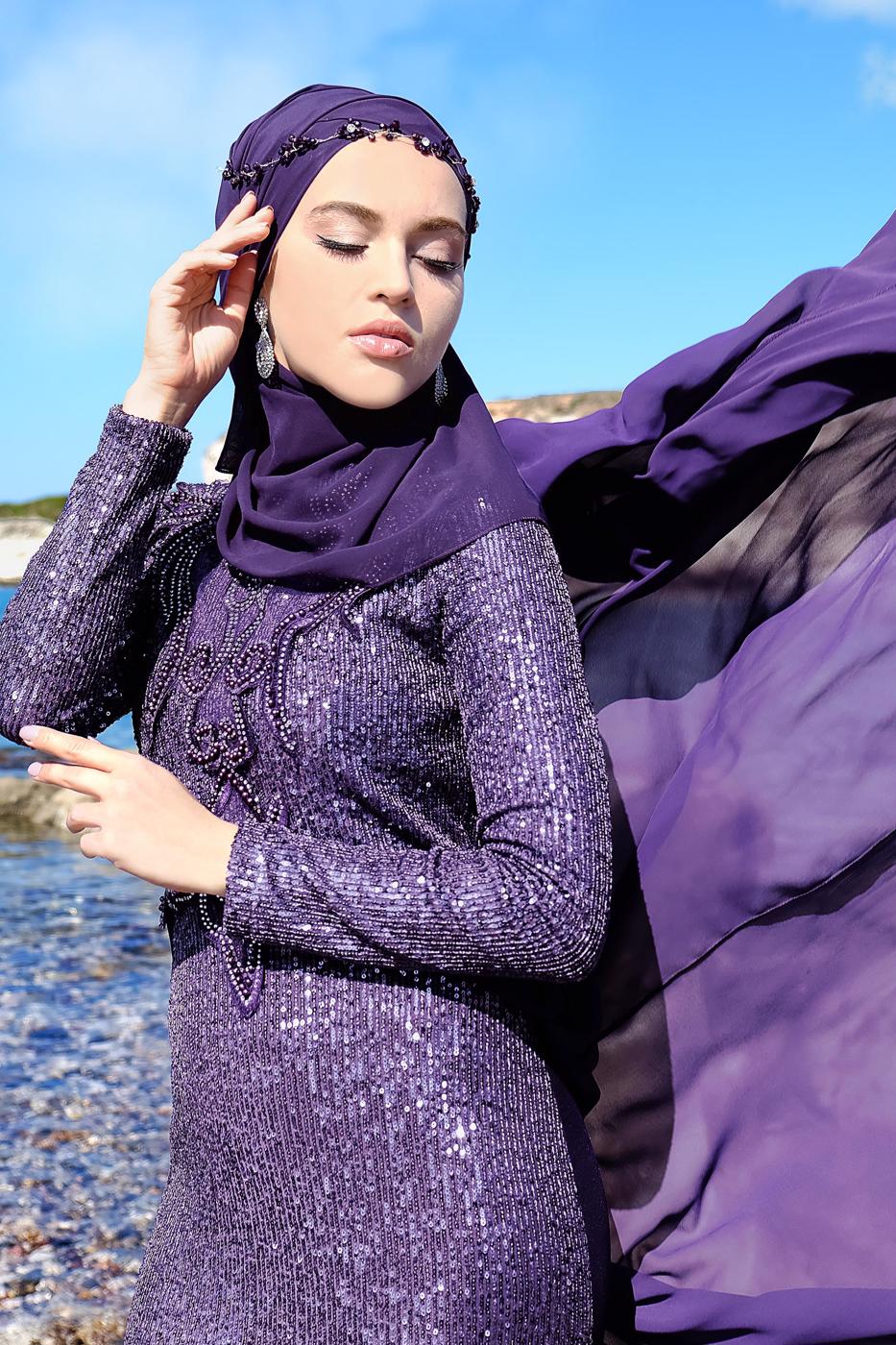 Tesettür giyim MOR TÜL DETAYLI SİMLİ ABİYE ELBİSE T 24725