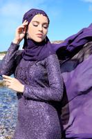 Tesettür giyim MOR TÜL DETAYLI SİMLİ ABİYE ELBİSE T 24725