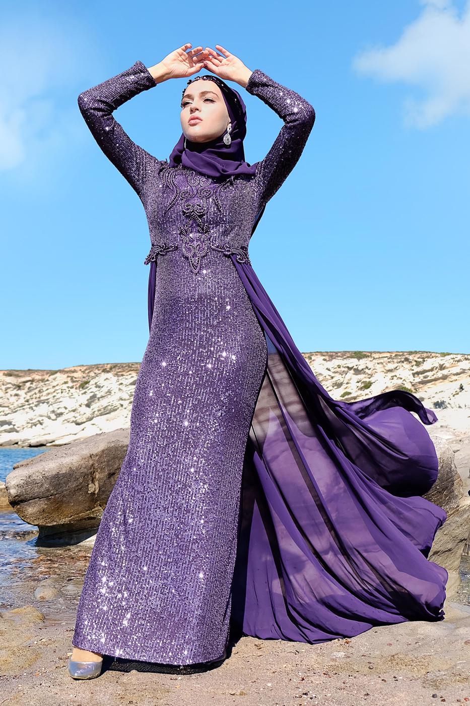 Tesettür giyim MOR TÜL DETAYLI SİMLİ ABİYE ELBİSE T 24725