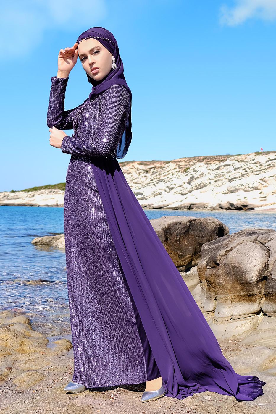 Tesettür giyim MOR TÜL DETAYLI SİMLİ ABİYE ELBİSE T 24725
