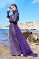 Tesettür giyim MOR TÜL DETAYLI SİMLİ ABİYE ELBİSE T 24725