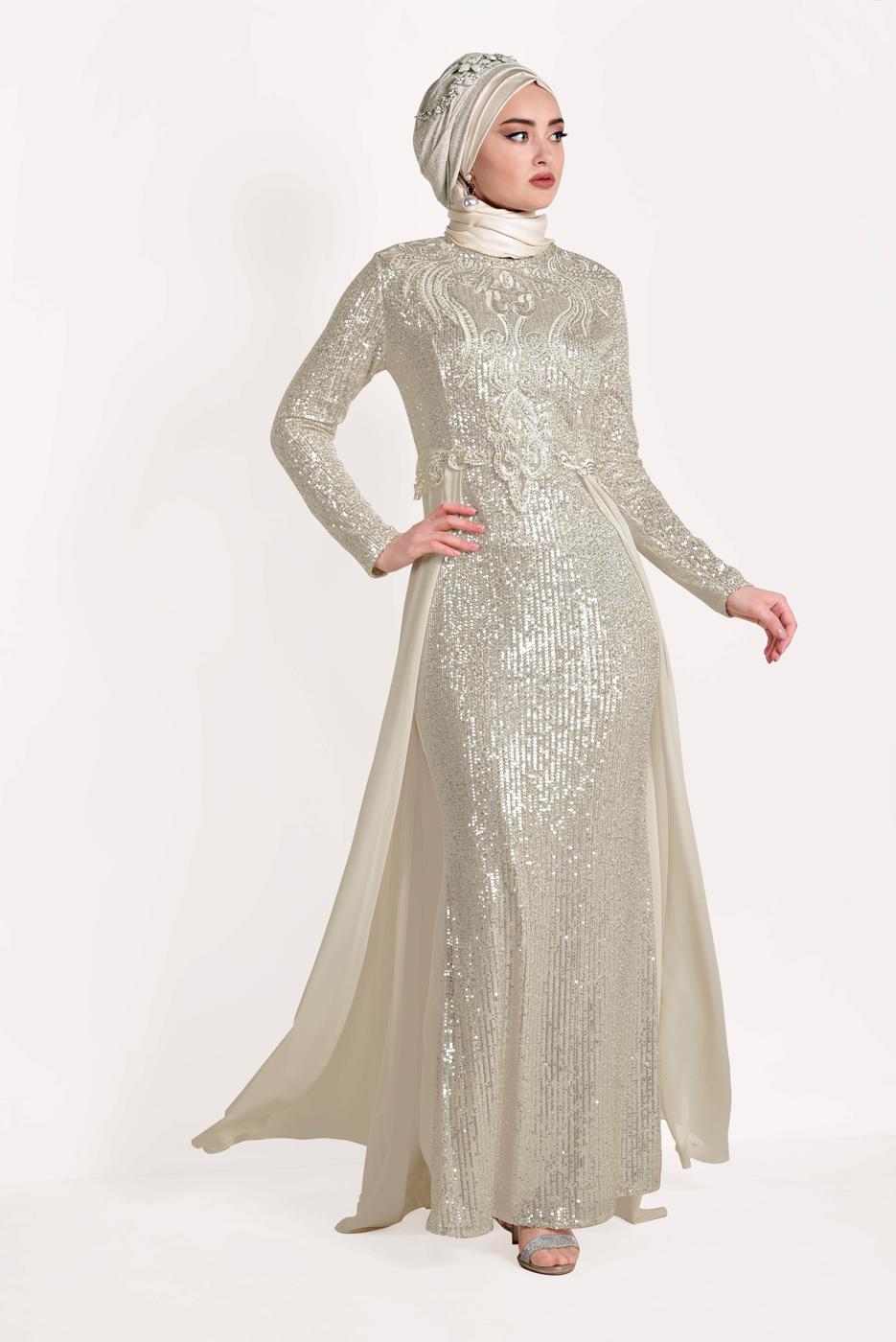 Tesettür giyim EKRU TÜL DETAYLI SİMLİ ABİYE ELBİSE T 24725