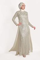 Tesettür giyim EKRU TÜL DETAYLI SİMLİ ABİYE ELBİSE T 24725