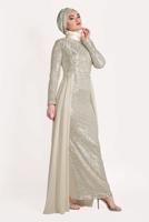 Tesettür giyim EKRU TÜL DETAYLI SİMLİ ABİYE ELBİSE T 24725
