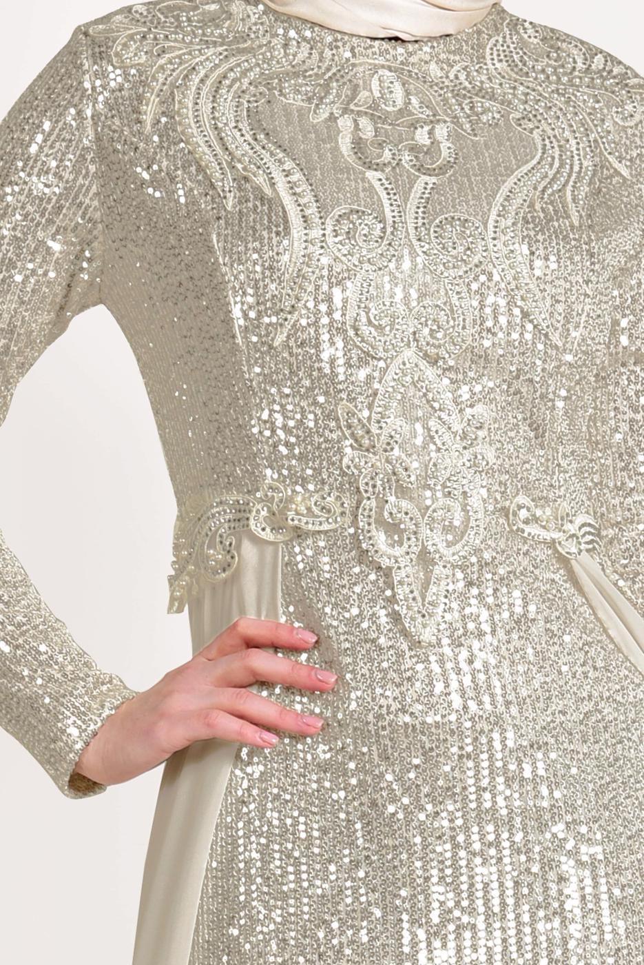 Tesettür giyim EKRU TÜL DETAYLI SİMLİ ABİYE ELBİSE T 24725