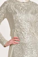 Tesettür giyim EKRU TÜL DETAYLI SİMLİ ABİYE ELBİSE T 24725