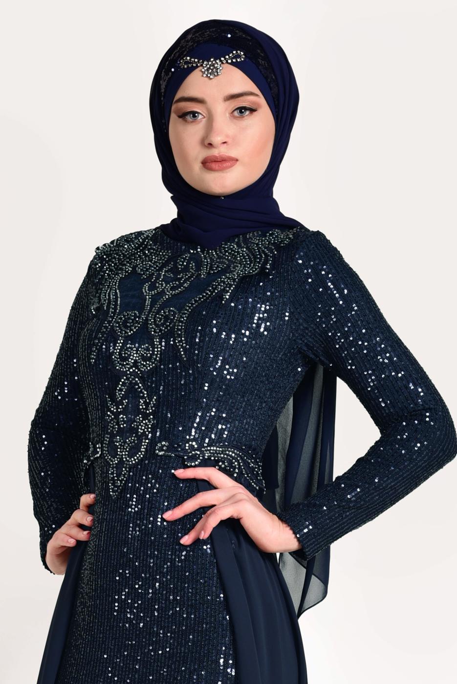 Tesettür giyim LACİVERT TÜL DETAYLI SİMLİ ABİYE ELBİSE T 24725