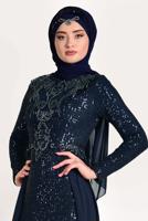 Tesettür giyim LACİVERT TÜL DETAYLI SİMLİ ABİYE ELBİSE T 24725