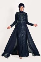 Tesettür giyim LACİVERT TÜL DETAYLI SİMLİ ABİYE ELBİSE T 24725
