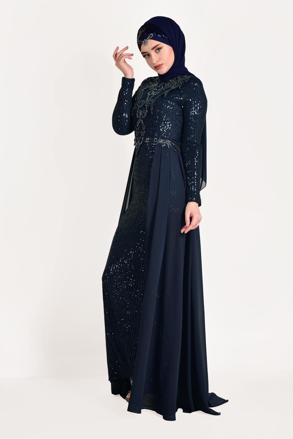 Tesettür giyim LACİVERT TÜL DETAYLI SİMLİ ABİYE ELBİSE T 24725