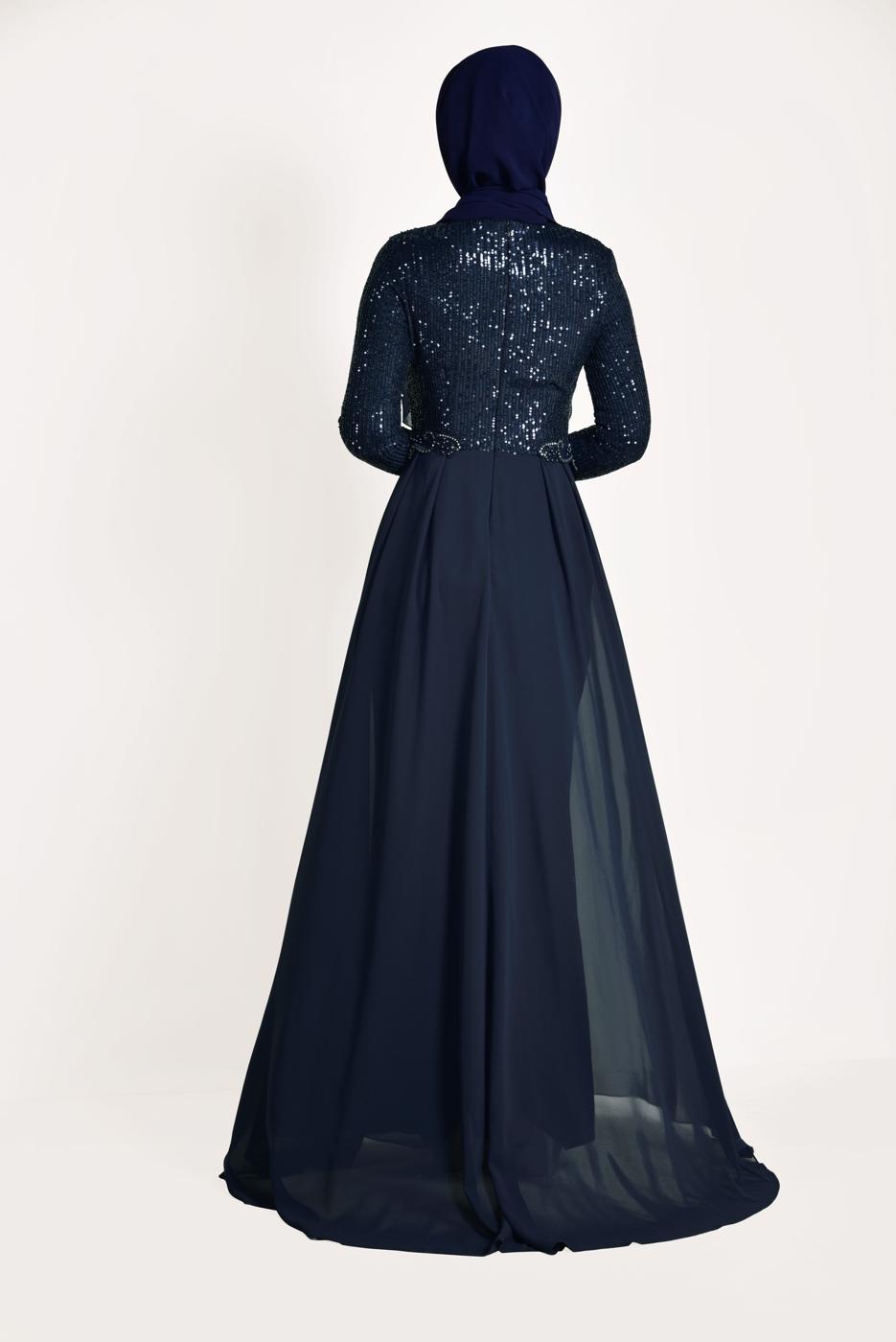 Tesettür giyim LACİVERT TÜL DETAYLI SİMLİ ABİYE ELBİSE T 24725