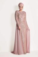 Tesettür giyim PUDRA TÜL DETAYLI SİMLİ ABİYE ELBİSE T 24725