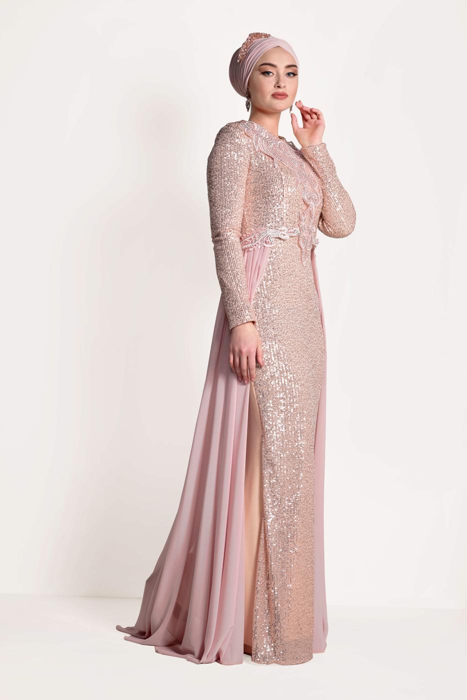 Tesettür giyim PUDRA TÜL DETAYLI SİMLİ ABİYE ELBİSE T 24725
