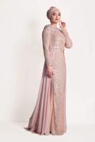 Tesettür giyim PUDRA TÜL DETAYLI SİMLİ ABİYE ELBİSE T 24725