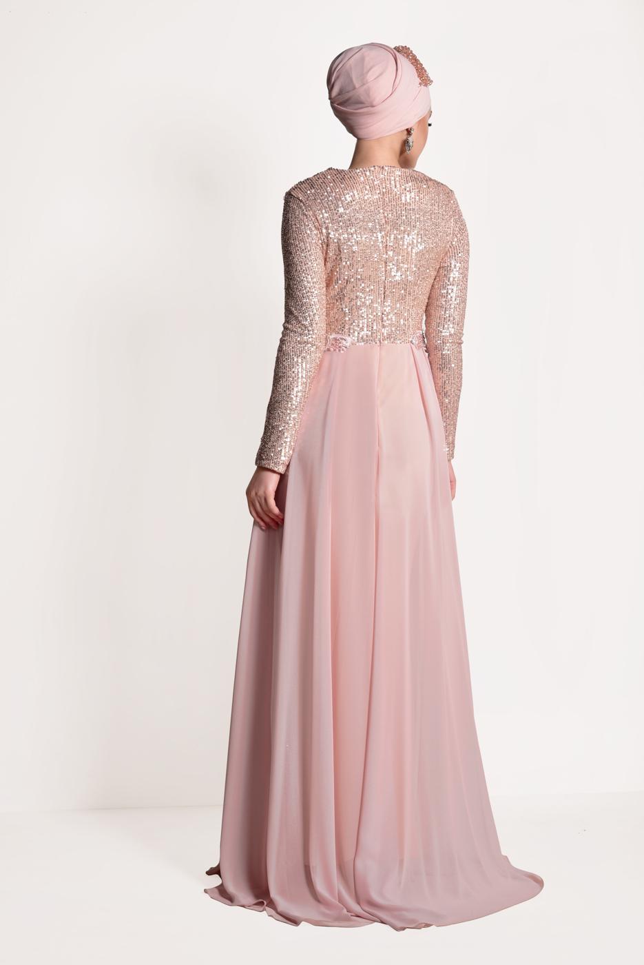 Tesettür giyim PUDRA TÜL DETAYLI SİMLİ ABİYE ELBİSE T 24725