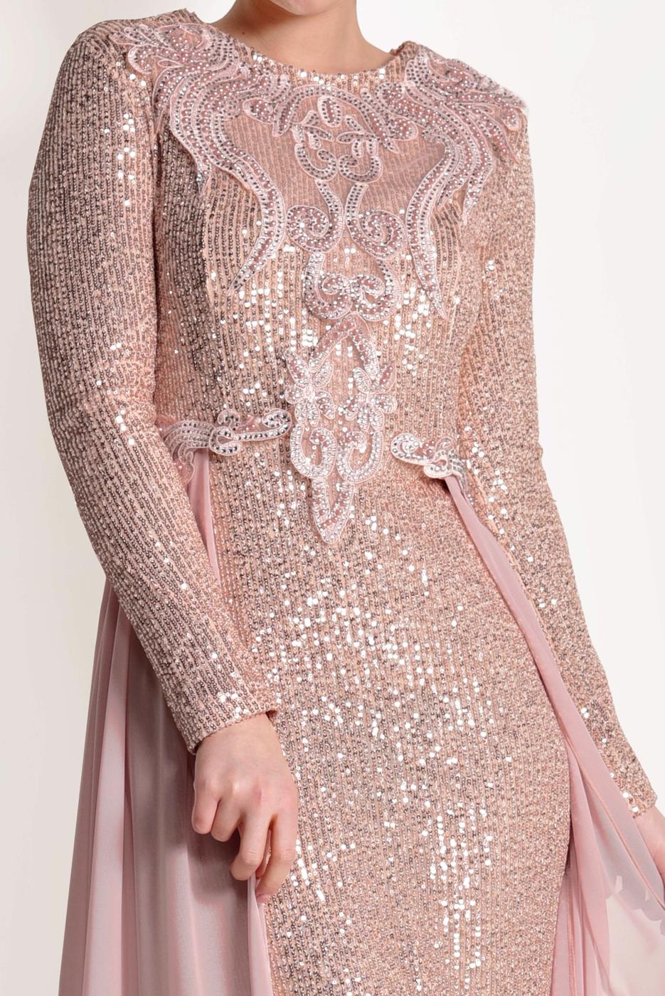 Tesettür giyim PUDRA TÜL DETAYLI SİMLİ ABİYE ELBİSE T 24725